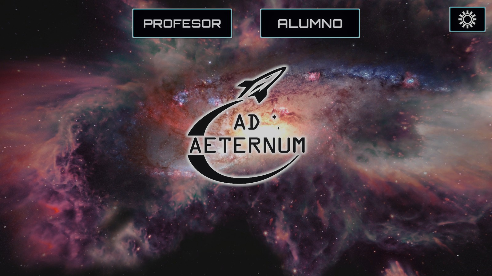Pantalla de ingreso de Ad Aeternum con el logo del juego sobre la galaxia
