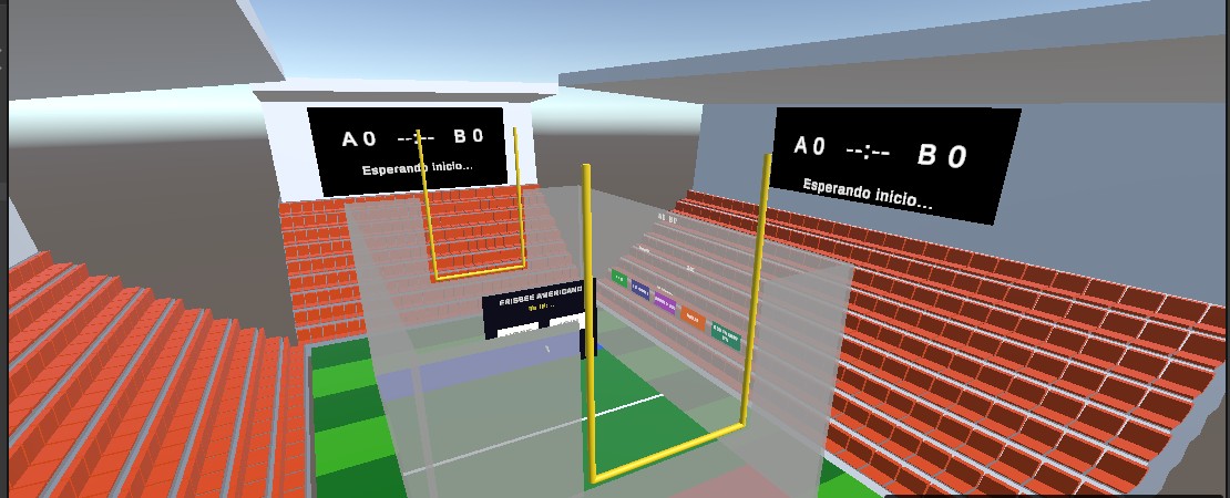 Estadio de American Frisbee en Unity: gradas, campo, postes y marcadores