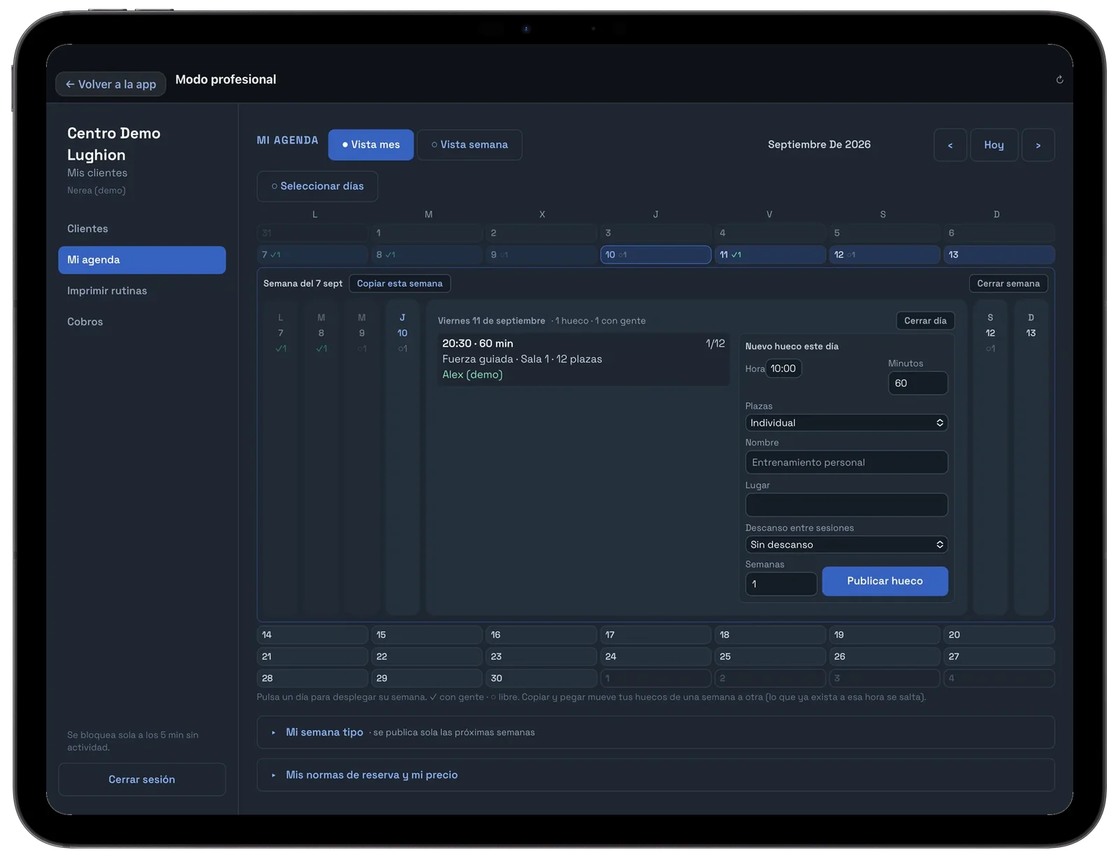 iPad en modo profesional: agenda semanal de citas del entrenador