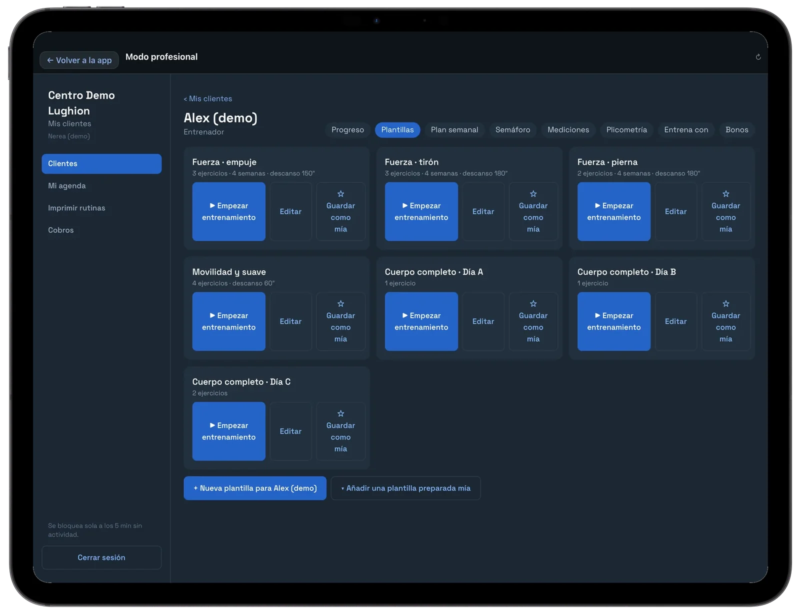 iPad en modo profesional: plantillas de entrenamiento de un cliente