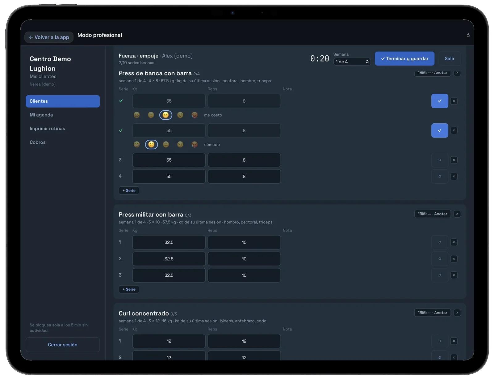 iPad en modo profesional: sesión en vivo con un cliente, series, kilos y descanso