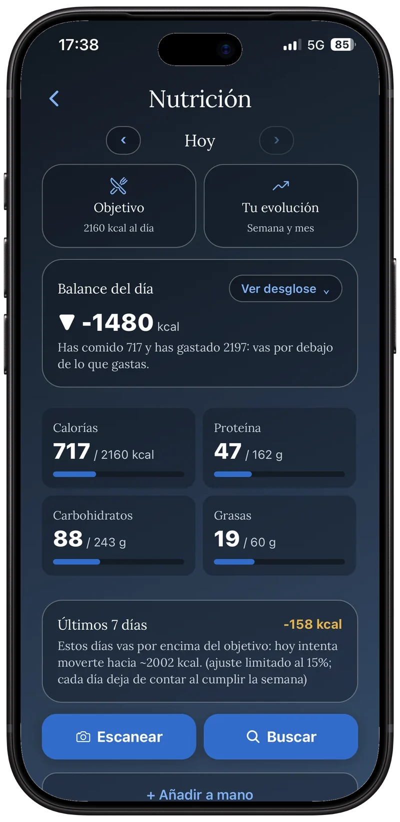 App móvil: nutrición del día, con el balance de calorías y los macronutrientes