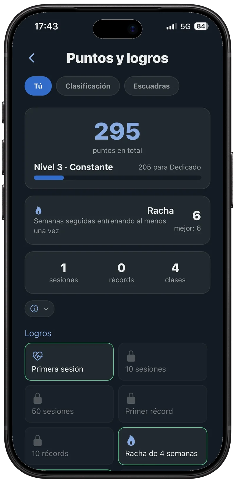 App móvil: puntos, nivel, racha y logros del socio