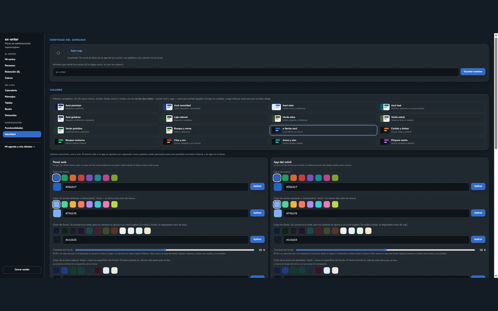 Panel: identidad visual del centro, con paletas completas y los colores del panel y de la app por separado